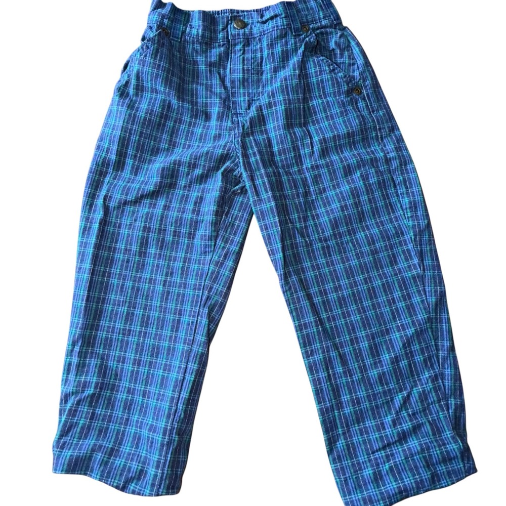 Vintage OshKosh B'Gosh Plaid Pants Boys Size 4R Blue Green Elastic Waist 90s